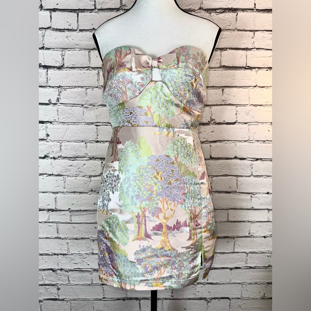 Maeve Strapless Brocade Mini Dress in Pastel Floral